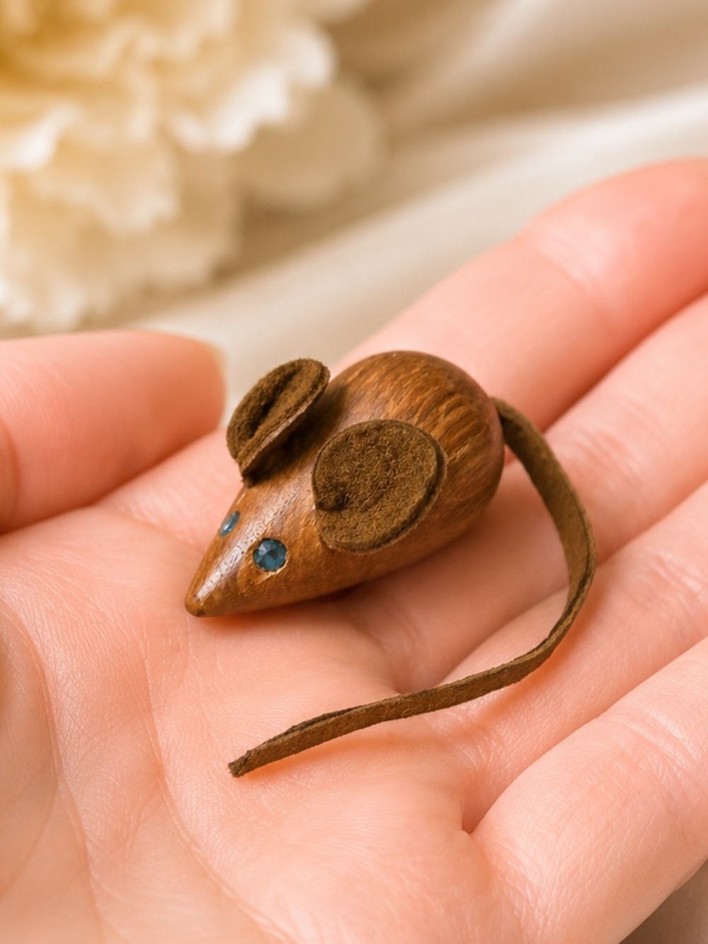 Vintage Wooden Mouse Brooch Leather Tail Rhinestone Eyes Novelty Pin